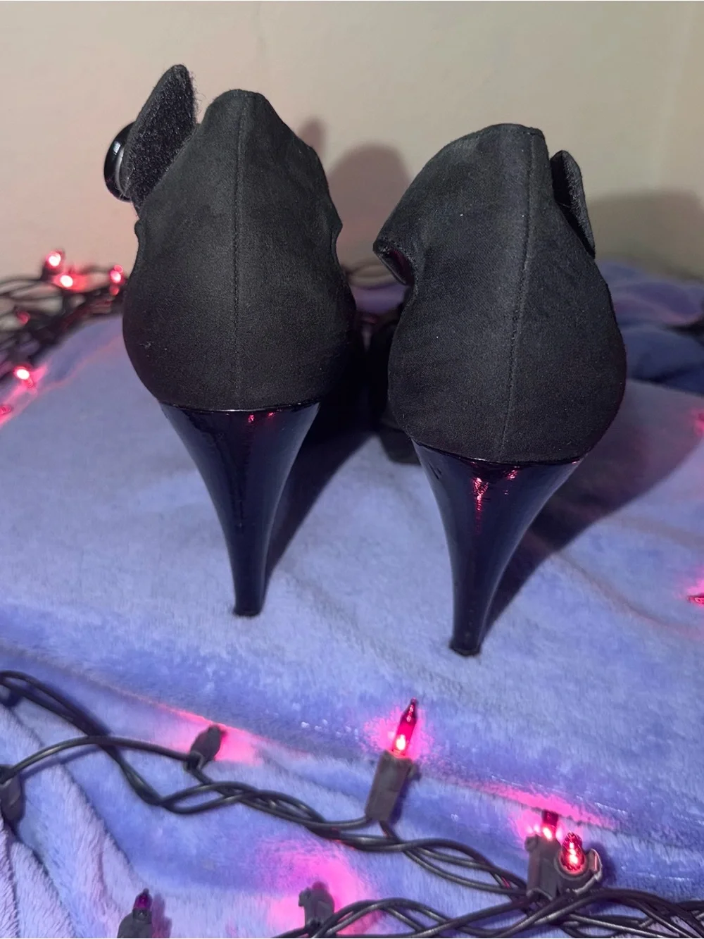 Candie's Black Peep-Toe Heels with Rosette Trim